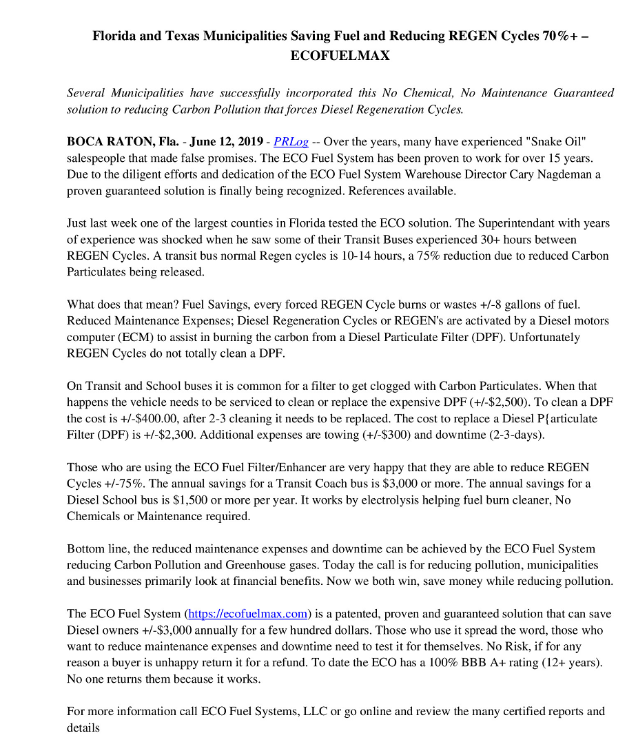 Florida Texas Municipalities saving reducing REGEN Cycles6 12 19